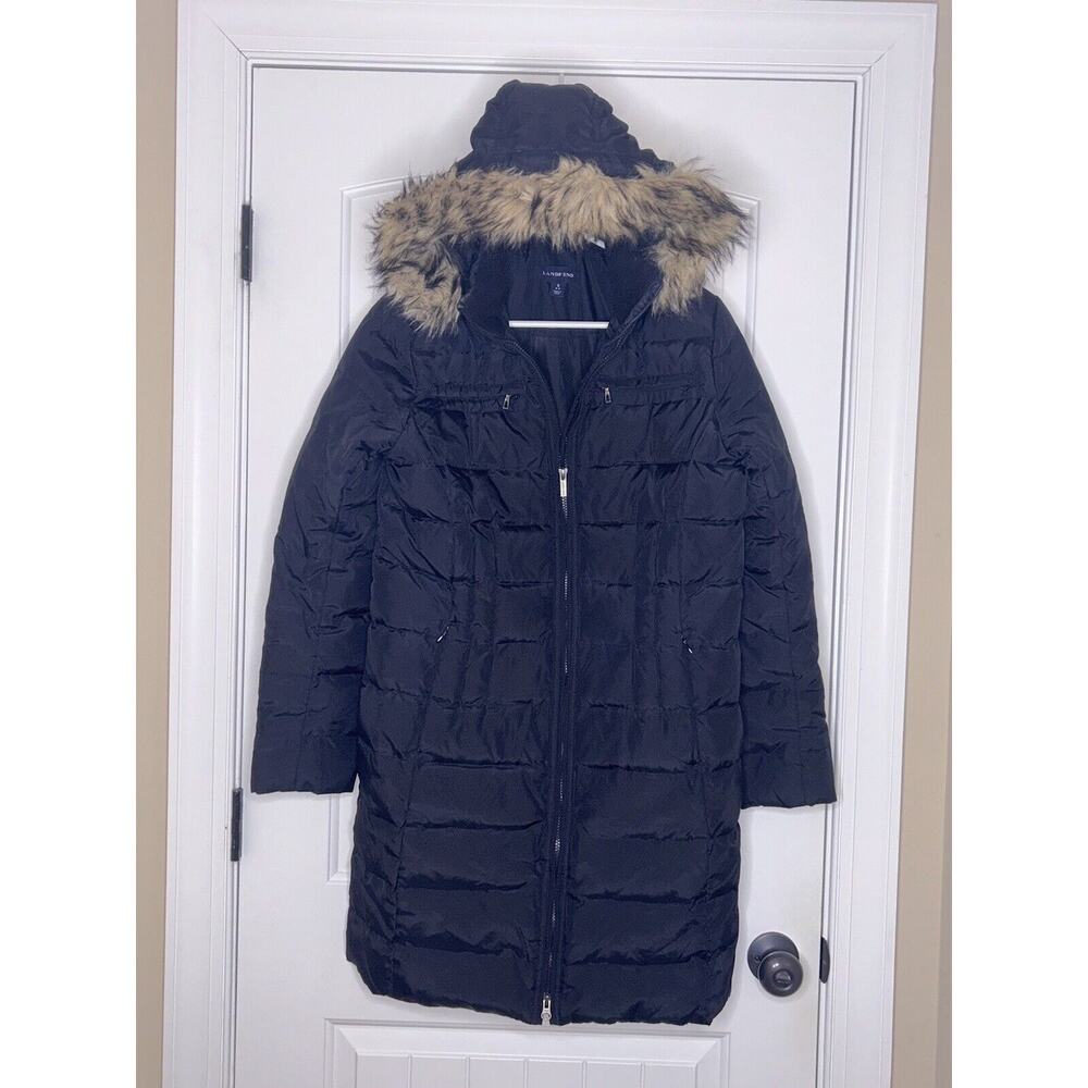 Lands' End Dark Puffer Jacket with Faux Fur Trim